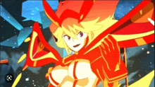 a close up of a cartoon character with a red and yellow outfit and a sword .