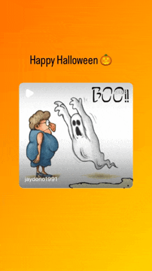 a cartoon of a woman looking at a ghost that says boo on it