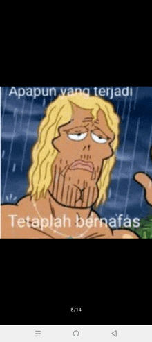 a cartoon man with blonde hair and a beard is standing in the rain giving a thumbs up .