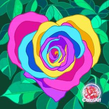 a rainbow colored rose is surrounded by green leaves and the words calm art