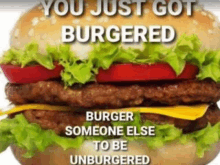 a picture of a hamburger with the words " you just got burgered burger someone else to be unburgered "