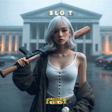 a woman holding a gun and a baseball bat in front of slot museum bola