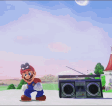 mario is carrying a boombox in his hand