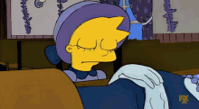 a cartoon character from the simpsons is laying down with her eyes closed and the fx logo in the corner