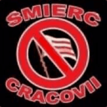 a red circle with a white arrow in it and the words smierc cracoviii on it .