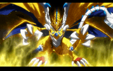 a yellow and white dragon with a blue tail is surrounded by flames