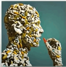 a statue of a person made out of pills