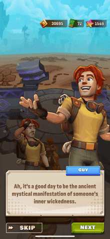 a man in a yellow shirt is talking to another man in a game called guy