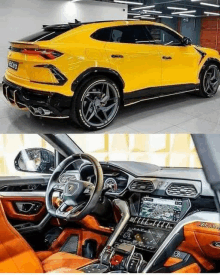 a yellow lamborghini urus suv is parked in a garage and the interior is shown .