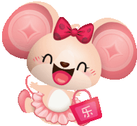 a cartoon mouse wearing a pink bow and holding a pink bag with chinese writing on it