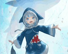 a girl in a shark costume is standing in front of a whale