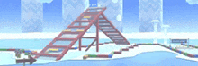 a video game scene with a ramp and stairs going over a body of water .