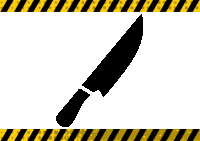 a silhouette of a knife with a yellow and black caution tape around it