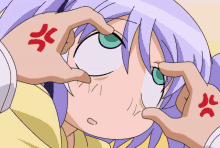 a girl with purple hair and green eyes is making a funny face with her hands