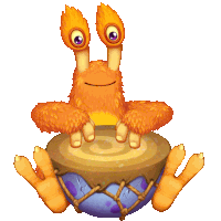 a cartoon monster is sitting on a drum with purple eyes