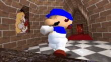 a cartoon character wearing a blue hat and white pants is standing in a room with a checkered floor