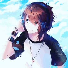 a boy wearing headphones and a necklace is standing in front of a blue sky