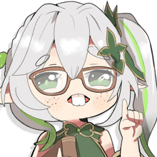 a drawing of a girl wearing glasses and a green dress