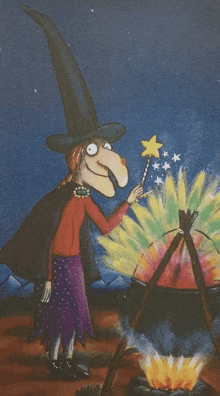 a cartoon of a witch with a star wand