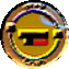 a close up of a yellow and red circle with a smiley face in the center .