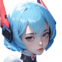 a girl with blue hair and red horns is wearing a robot suit and headphones .