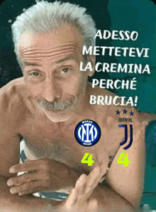 a shirtless man with a mustache and a juventus logo on his chest