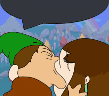 a cartoon drawing of a man and woman kissing with a speech bubble above them