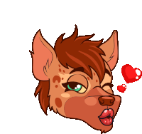 a cartoon drawing of a hyena with two red hearts above its head