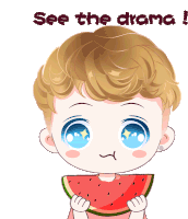 a cartoon of a boy holding a slice of watermelon with the words " see the drama " above him