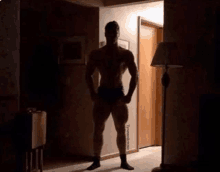 a shirtless man is standing in a dark hallway next to a lamp