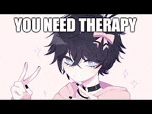 a girl with a bow on her head is giving a peace sign and says `` you need therapy '' .