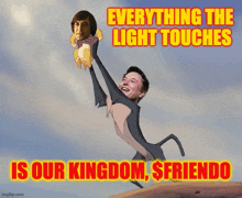 a cartoon of a lion holding a man 's head with the caption " everything the light touches is our kingdom "