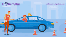 an advertisement for solaimalai driving school with a man standing next to a car