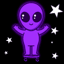 a cartoon drawing of a purple alien on a skateboard with stars in the background