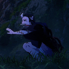 a cartoon character with horns is kneeling down in a field