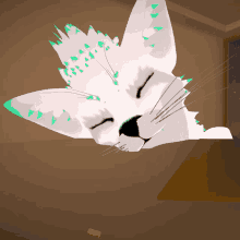 a cartoon drawing of a white cat with green spikes