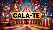 a colorful circus scene with a sign that says cala-te