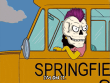 a cartoon of a skeleton in a school bus that says springfie