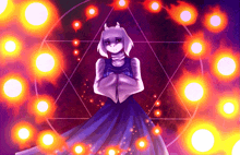 a drawing of a goat in a purple dress surrounded by flames