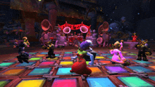 a group of cartoon characters are dancing on a colorful dance floor in front of a banner that says ' a ' on it