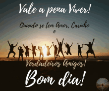 a group of people jumping in the air with the words " vale a pena viver "