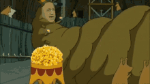 a cartoon character is pouring popcorn on a conveyor belt