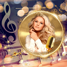 a picture of a woman surrounded by music notes and a gold microphone