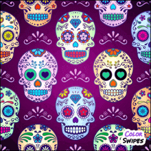 a pattern of sugar skulls on a purple background with the words color swipes below them