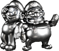 a statue of mario and wario standing next to each other on a white background