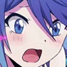 a close up of a anime girl 's face with purple hair and blue eyes .