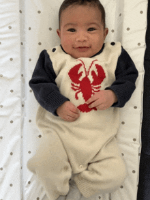 a baby wearing a lobster sweater is laying on a changing table