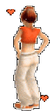 a pixel art of a woman in a red top and white pants