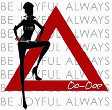 a woman is standing in a red triangle with the words `` be joyful always '' written on the background .