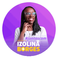 a woman wearing glasses is smiling in a purple circle with the name izolina borges on it